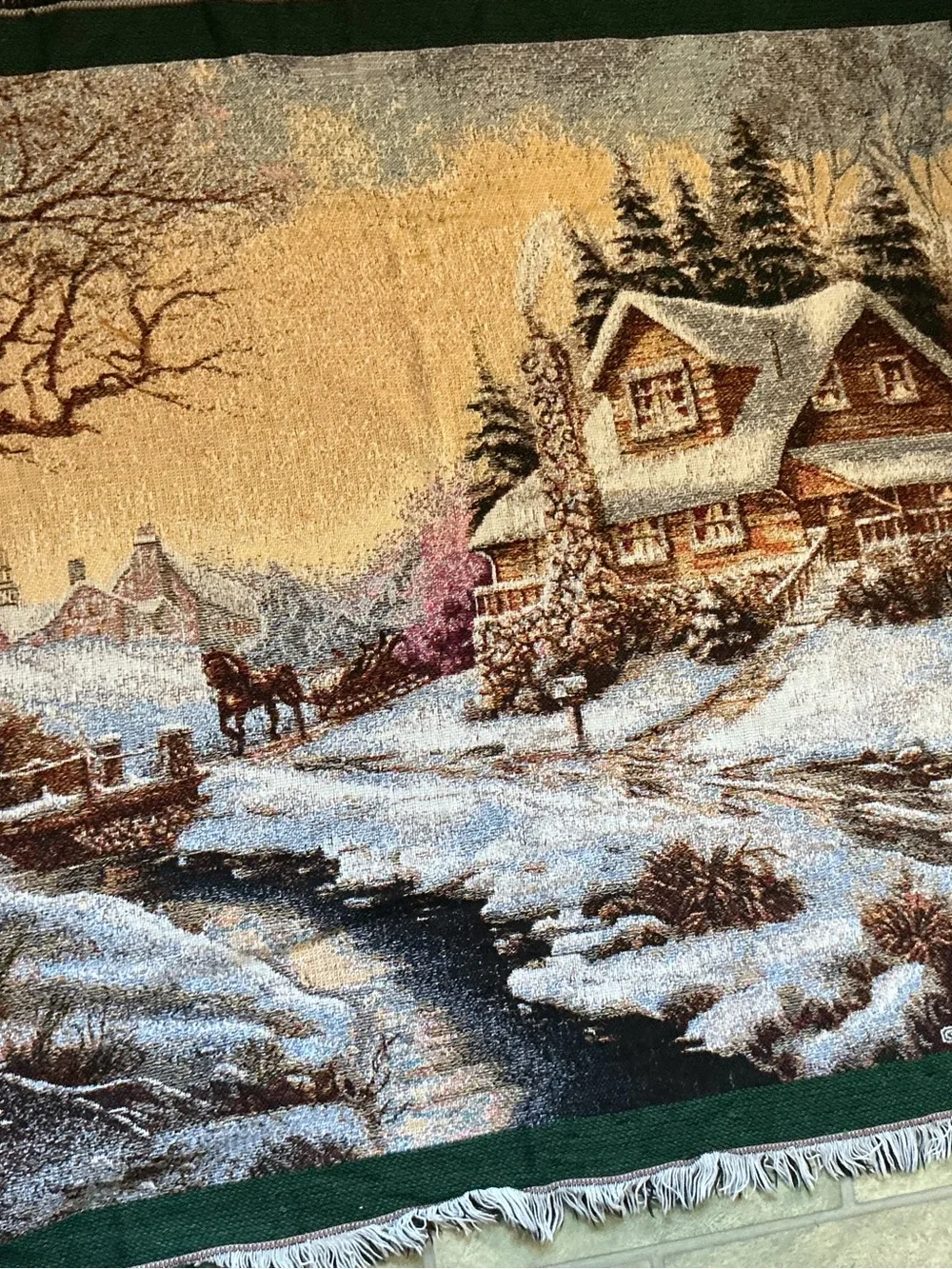 Holiday Winter Village Tapestry Throw in Green and Cream